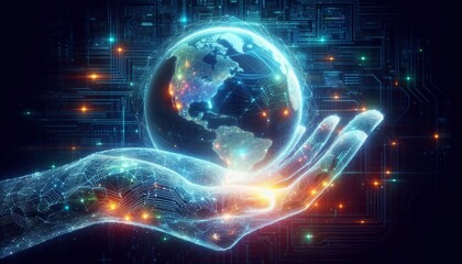 Obraz premium Glowing Digital Hand Holding Illuminated Globe, Symbolizing Global Technology, Innovation, and Data Control in a Futuristic Environment