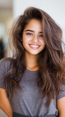 Naklejka premium A young woman wearing glasses and smiling at the camera