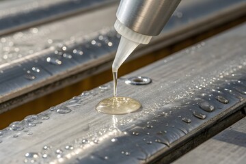 Droplet of glue on metal surface. Repair and construction