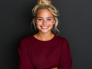 A woman in a red sweater smiles at the camera