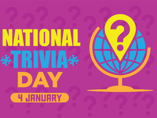 National Trivia Day Poster with Colorful Bold Typography, Globe Design, Yellow Question Mark, and Puzzle Elements on Vibrant Purple Background