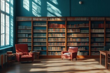 Sunlit Library Room With Bookshelves And Comfortable Chairs