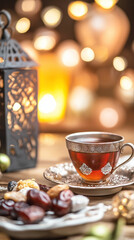 A Beautifully Decorated Table with Dates, a Cup of Tea, and Traditional Sweets, Captured in Soft Natural Light with a Blurred Background of Lanterns