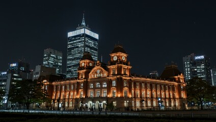 Obraz premium Night view of Tokyo Station and skyline.