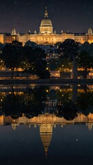 Fototapeta premium Nightfall over a famous city, reflecting architectural beauty.