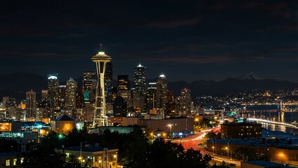Obraz premium Nighttime cityscape of Seattle.