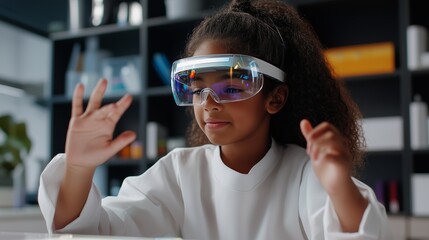 Young girl engages in interactive learning with augmented reality glasses in modern classroom setting
