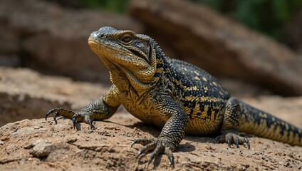 Obraz premium Nile monitor lizard resting on a stone.