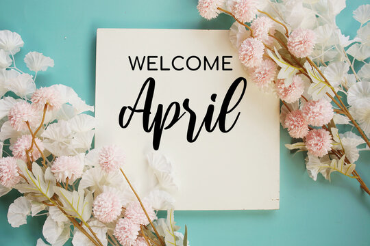 Welcome April text with flowers blooming top view on blue background