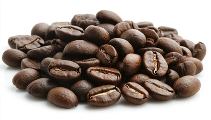 Coffee beans floating against a white background
