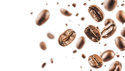 Coffee beans floating against a white background