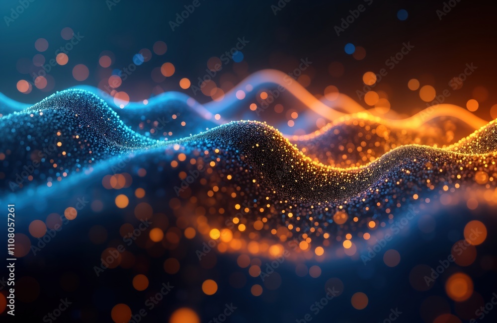 Poster abstract futuristic background displays dynamic glowing neon wave lines. gold, blue glowing particle