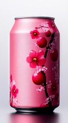 Obraz premium A can of pink soda with cherry blossom design on it
