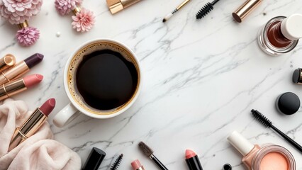 A coffee cup with a rich crema on top is in the center of the image, surrounded by cosmetics. The background features a marble countertop with beauty tools.