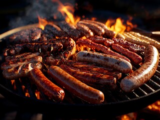 A bunch of sausages are cooking on a grill over a fire