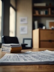 Obraz premium Office desk covered with papers, blurred background.