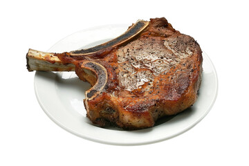 transparent PNG image of grilled pork chop loin meat steak on white plate