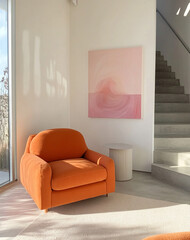 Bright and modern living space featuring an orange chair and abstract art in a well-lit setting