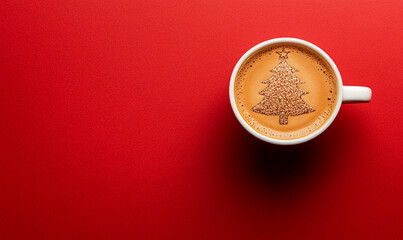 Photo of a cup with coffee and the shape of a Christmas tree on a red background, Web banner with copy space on the right.