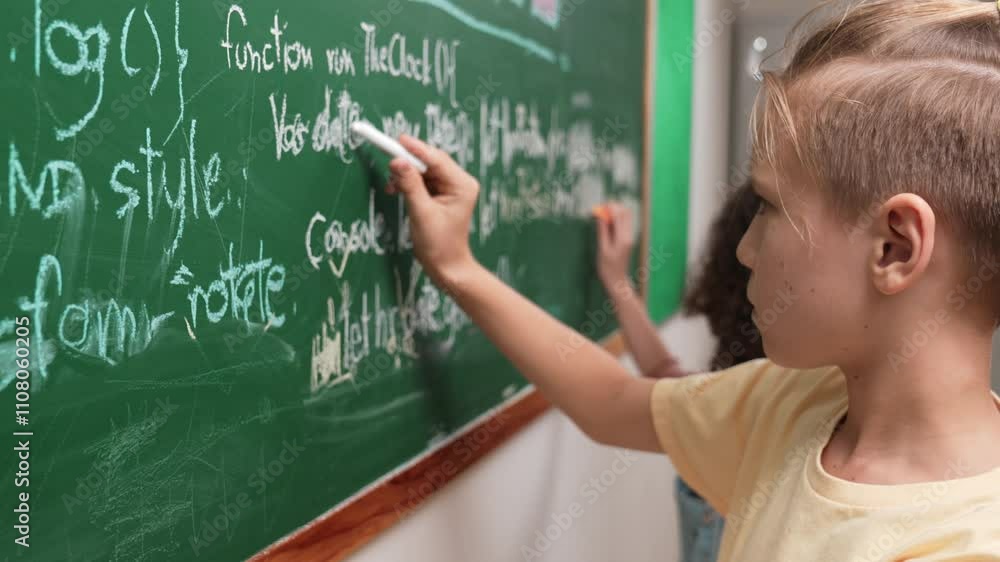 Poster diverse student studying coding engineering prompt while writing answer on blackboard. intelligence 