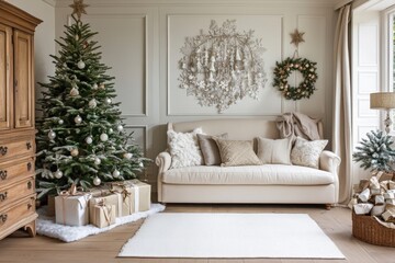 Fototapeta premium stylish neutral living room with decorated christmas tree