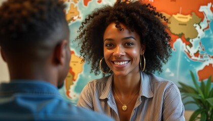 Happy African American woman speaks with travel agent. Modern office setting. World map background suggests international travel plans. Client discusses vacation destination with professional agent.