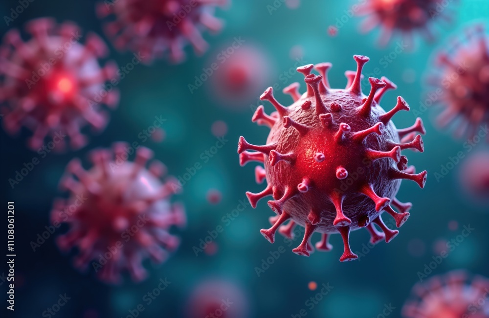 Aufkleber microscopic view of dangerous virus cells. red, pink virus cells highly detailed under microscope. b