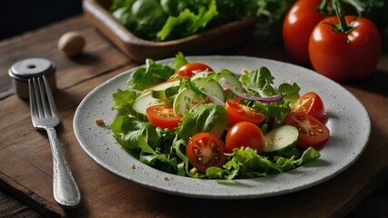 A vibrant plate of salad featuring fresh tomatoes, crisp cucumbers, and leafy lettuce arranged beautifully.