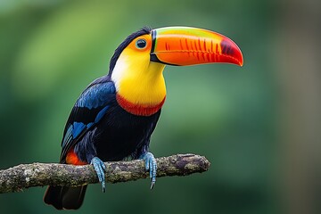 A vibrant toucan perched on a branch in a lush environment.