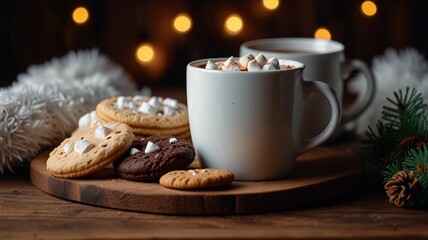 Obraz premium cocoa and cookies, Christmas cozy atmosphere. on a clean wooden table boken
