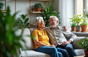 Senior couple relaxing on couch in living room. Smiling, enjoying company. Plants, pots visible around room. Indoor setting suggests comfortable, familiar home environment. Couple looks happy,