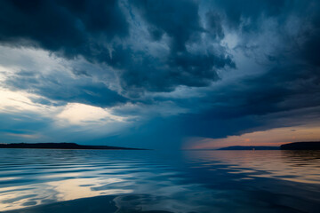 Obraz premium Ominous clouds over calm water, dramatic stormy sky amplifies scenes visual intensity