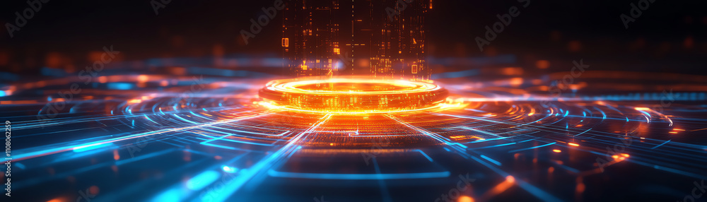 Aufkleber futuristic digital interface with glowing patterns and vibrant colors.