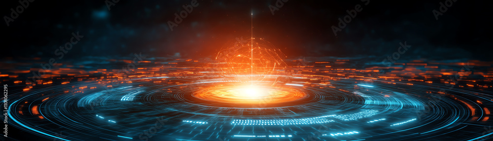Poster futuristic technology background with glowing energy and circular patterns.