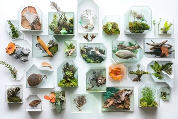 Wall display of various natural specimens in hexagonal frames