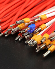 Copper electrical installation wires in colored insulation. Close-up. Soft focus.