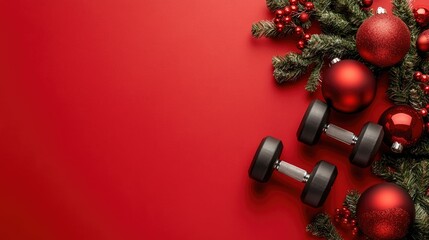 Pair of dumbbells with Christmas decorations on a bright red background Christmas toys Christmas tree toys