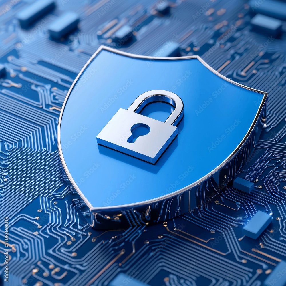 Poster a symbolic depiction of cybersecurity with a glowing digital lock, circuits, and a binary shield, re
