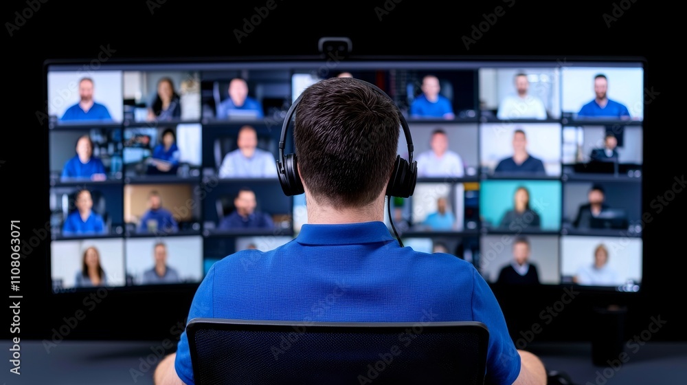 Poster a manager conducting a virtual team meeting where all team members are visible on screen using video