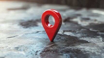 Fototapeta premium A shiny red location pin on a textured rock surface in natural light.
