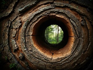 Old tree hollow with rough bark and a dark opening, isolated on white.