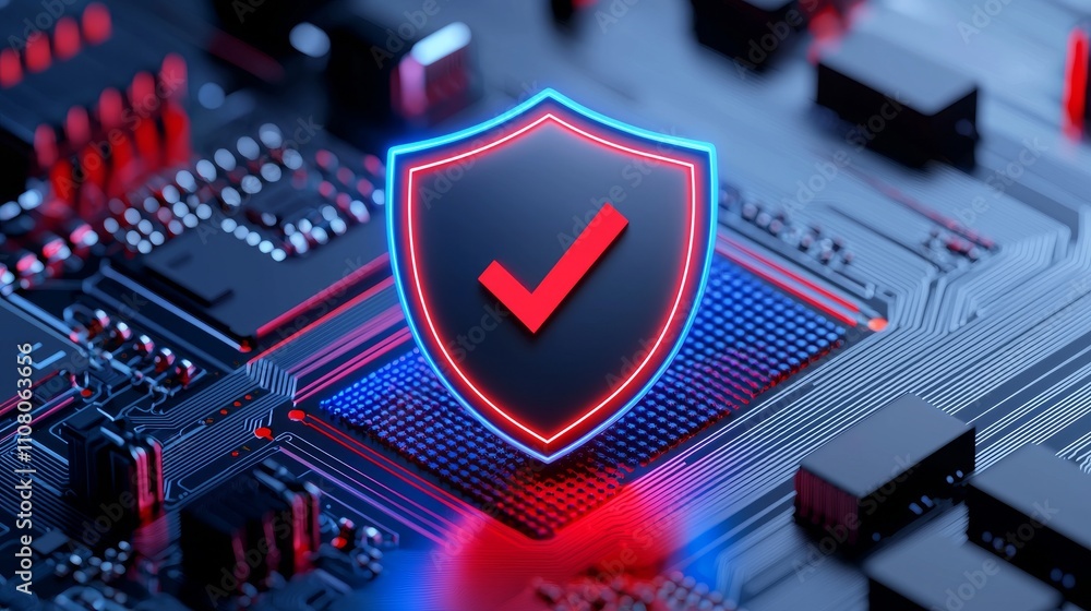 Poster an intimate shot of a radiant security shield featuring a checkmark on a microchip, representing dig