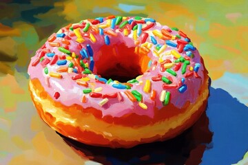 A Pink Donut with Colorful Sprinkles is Shown