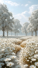 An abundance of white flowers with white trees
