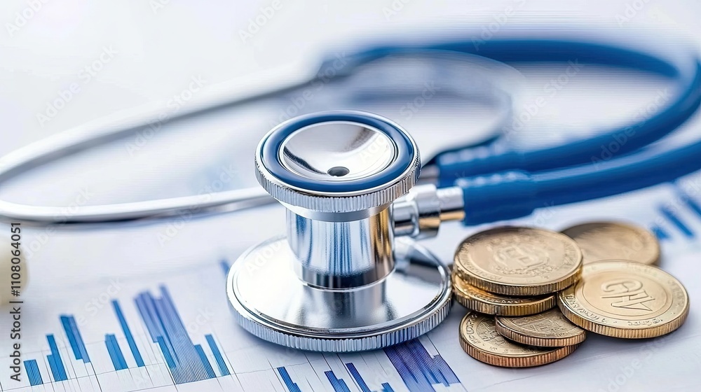Poster exploring the intersection of healthcare and finance with a stethoscope and coins on an aesthetic ta