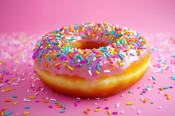 Pink Donut Topped With Colorful Sprinkles On Pink Background