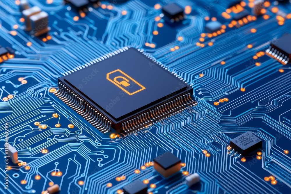 Poster cybersecurity and the protection of personal data and information. a blue integrated circuit with lo
