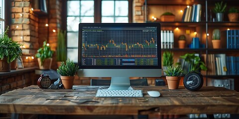 A workspace featuring a computer displaying stock market data.
