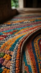 Old, colorful Thai handcraft rug made from natural materials.