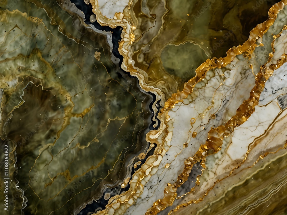 Poster olive and golden marble geode background with intricate patterns.